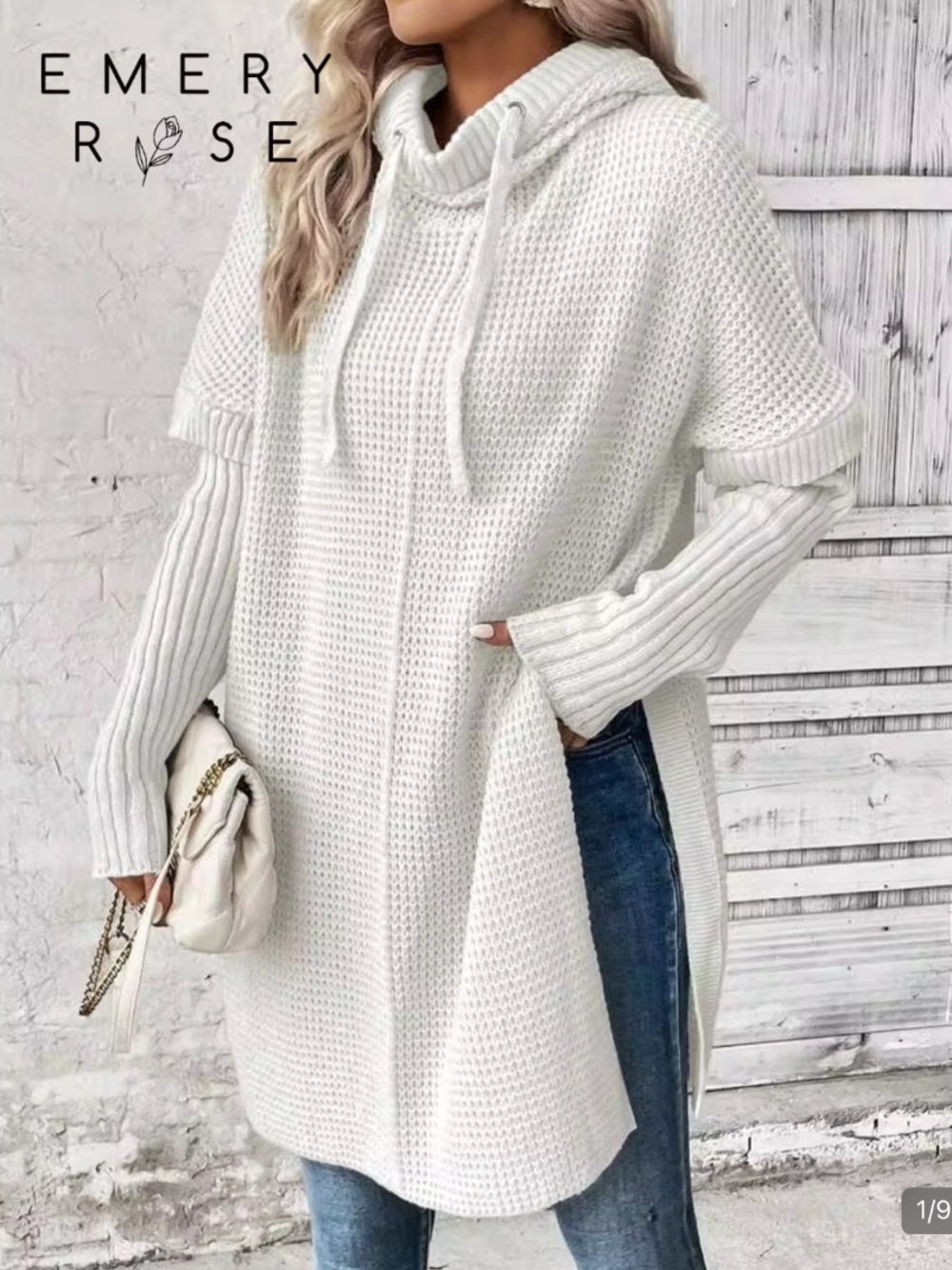 Emery Rose Oversized 2 in 1 Drawstring Hood Casual Tunic Sweater in Off White